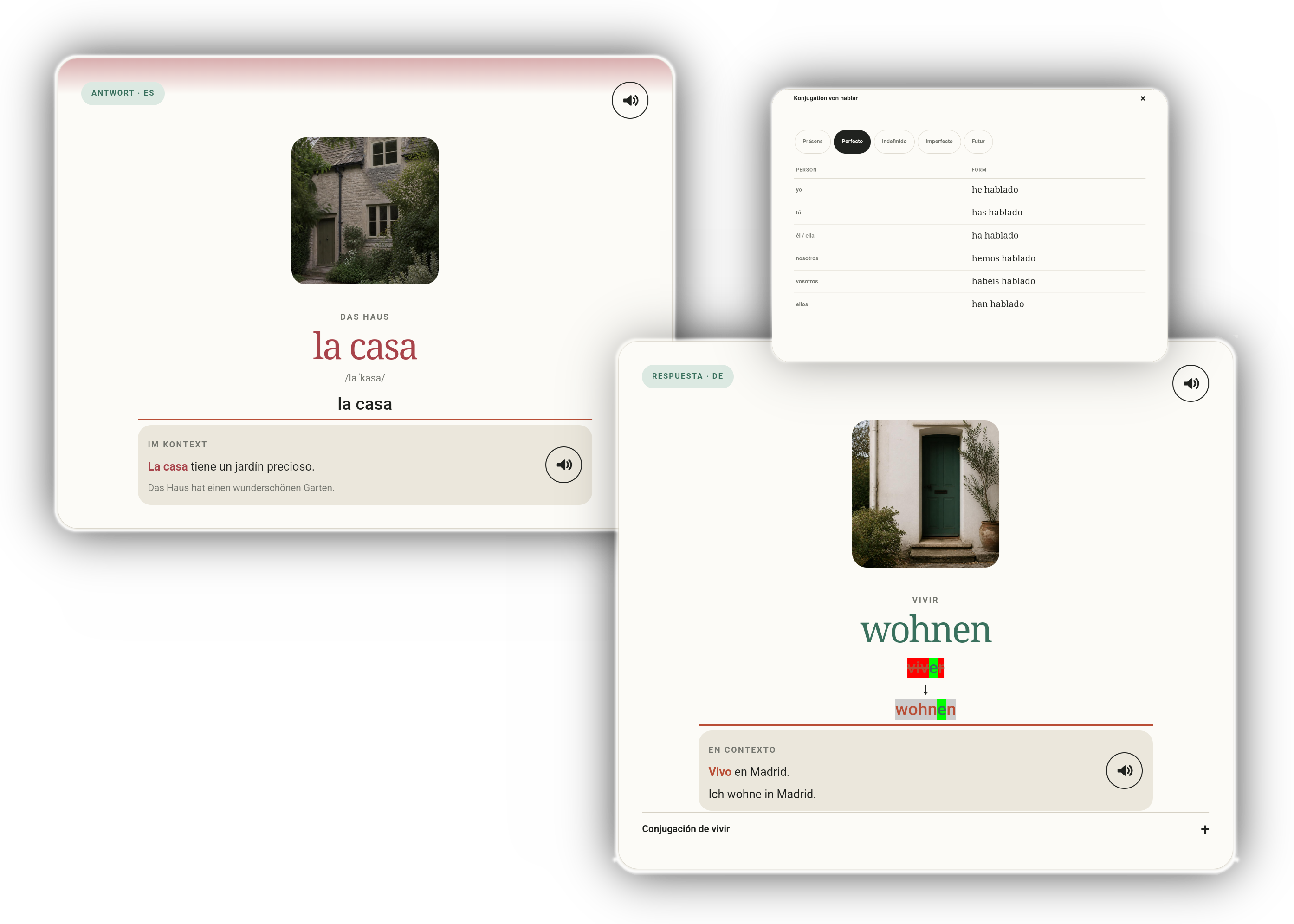 Card mockup with image, phonetics, type-and-correct feedback, and open conjugation table